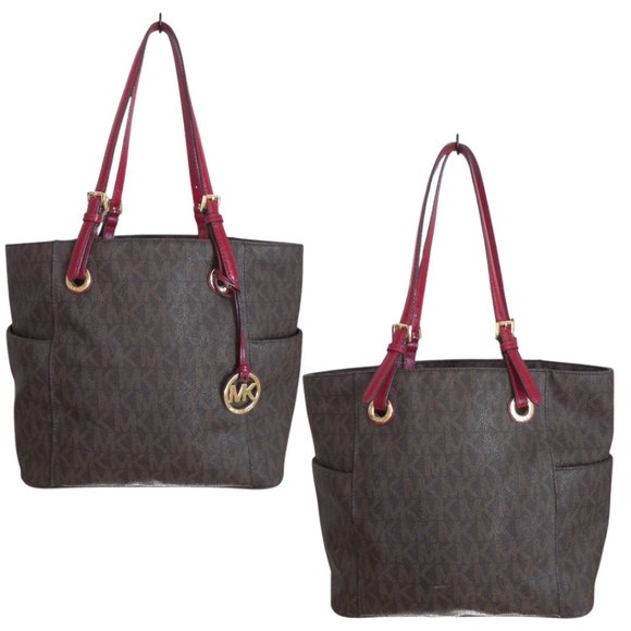 Michael Kors Handbags - Michael Kors | Jet Set Signature Brown/Cherry Logo Tote (NWT)